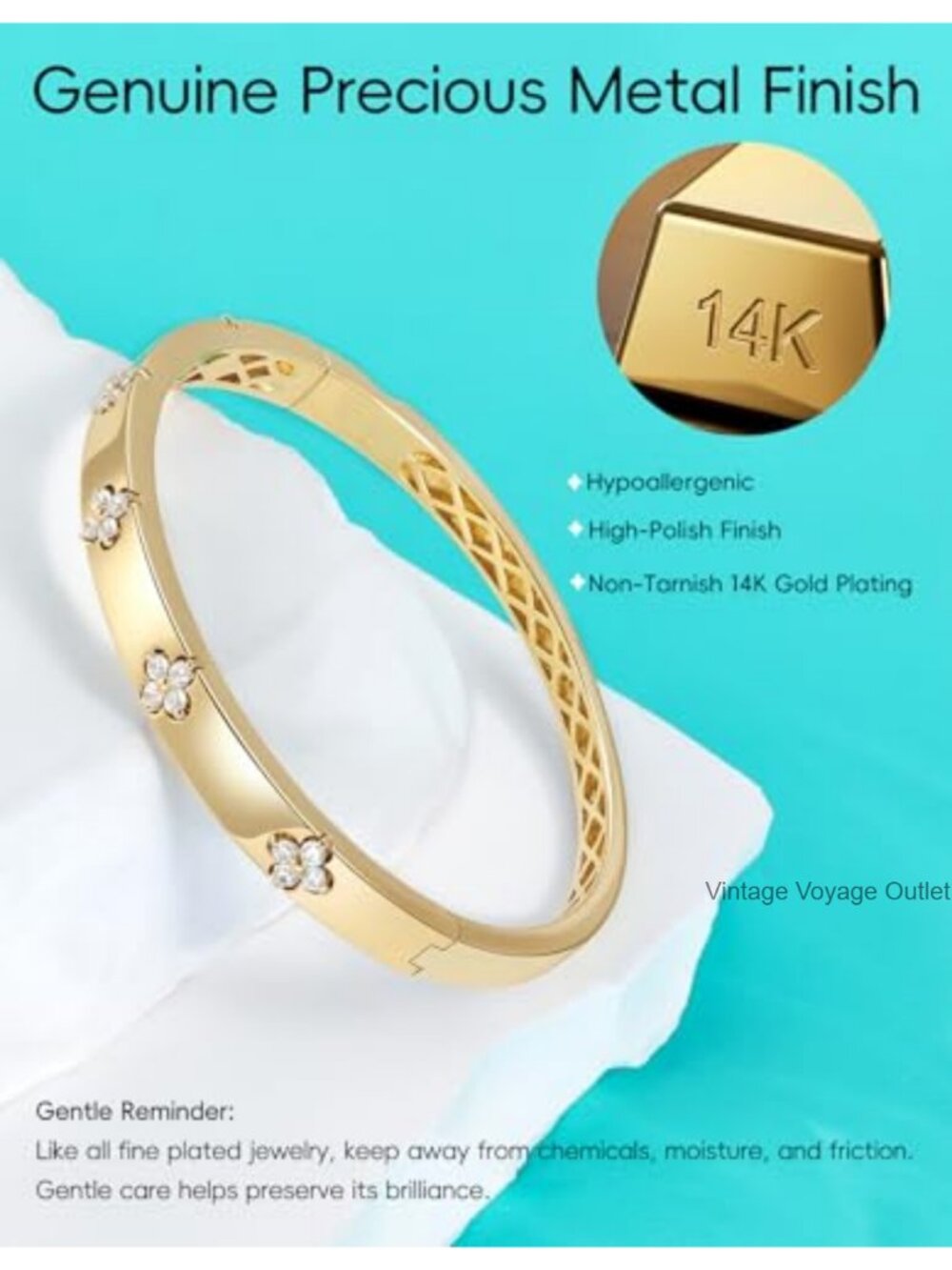 14K Gold Plated Cuff Bracelet Inlaid Four-Leaf Clover Moissanite Hinge Clasp - Picture 4 of 6